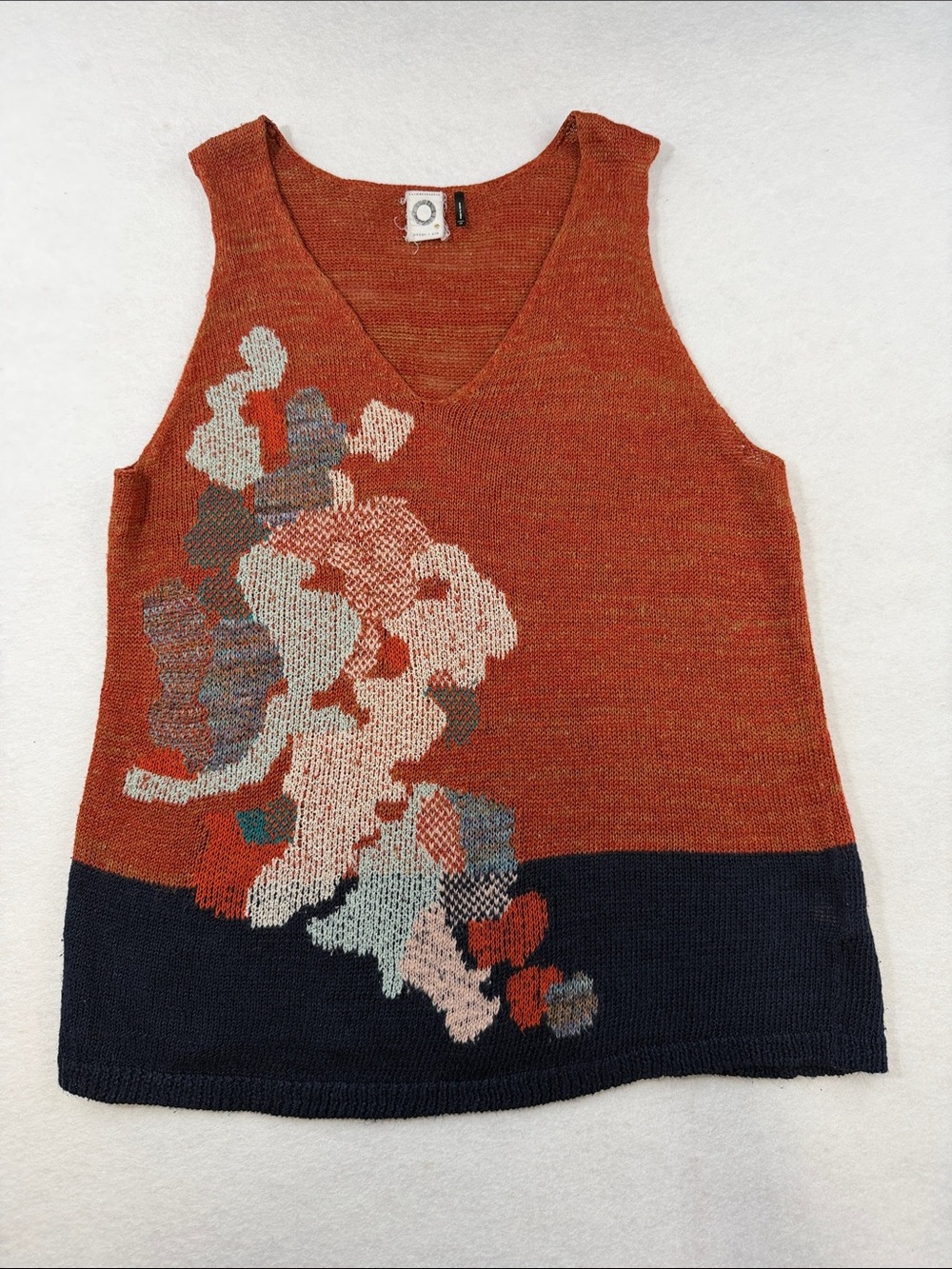 Anthropologie Rust Multi V-Neck Sweater Tank with Navy Hem